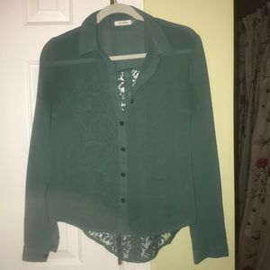 Green button down with cut out detailing on back